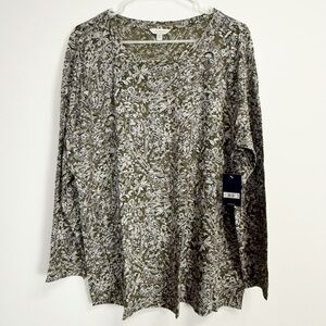 Lucky Brand Long Sleeve Tee Womens 2X Green Gray Floral Paisley Shirt NWT